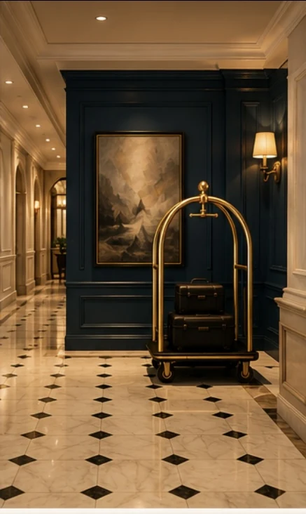 Luxury hotel corridor with brass luggage cart